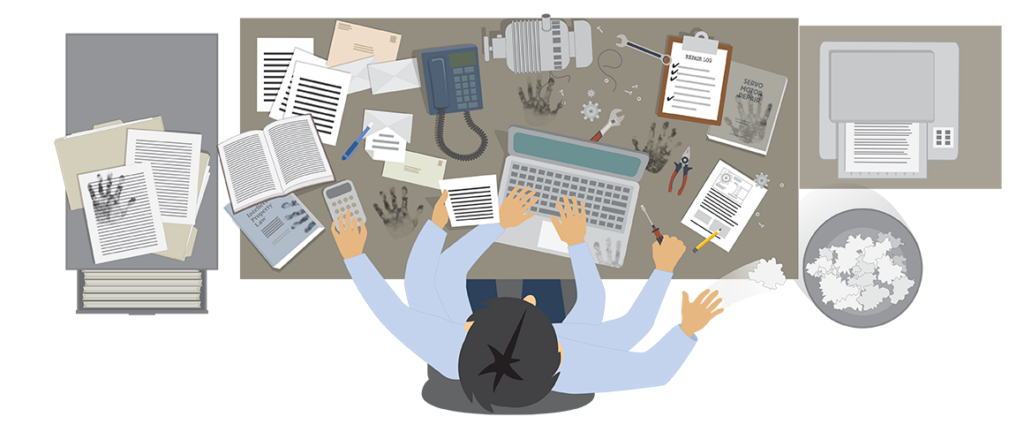 Man multitasking at desk